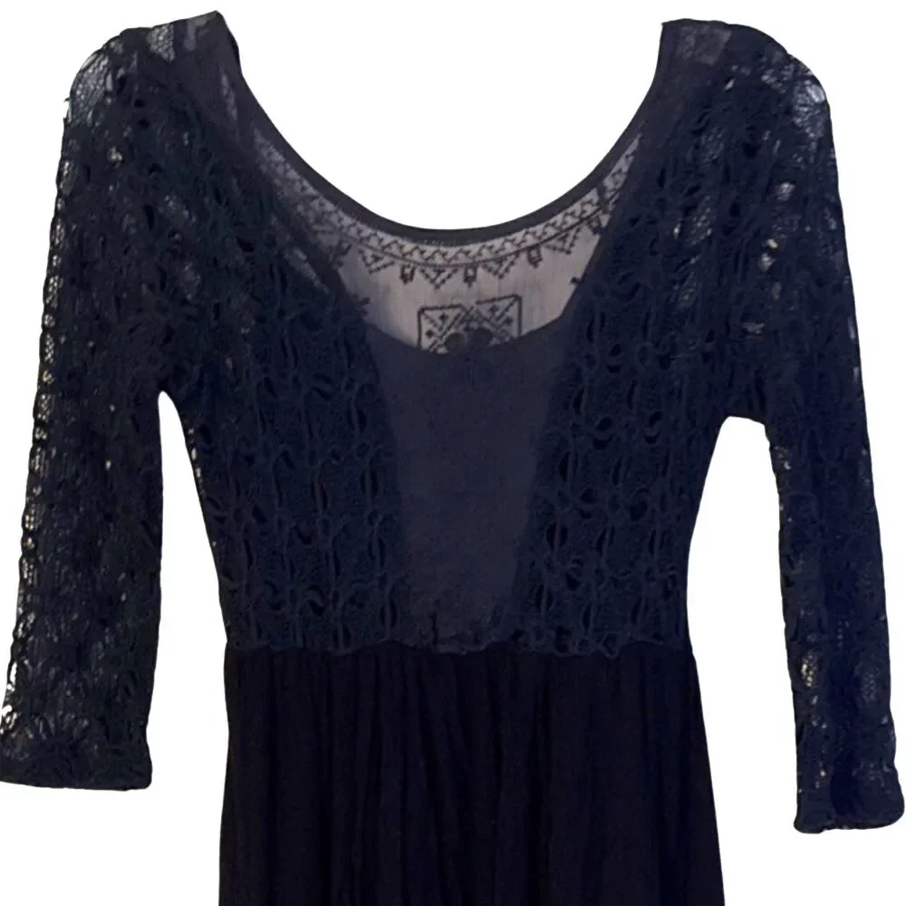 Free People Lonesome Dove Midi Dress Size 6 Black Crochet Knit Lace Whimsigoth